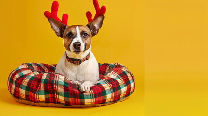 Cute dog with reindeer antlers and plaid sitting