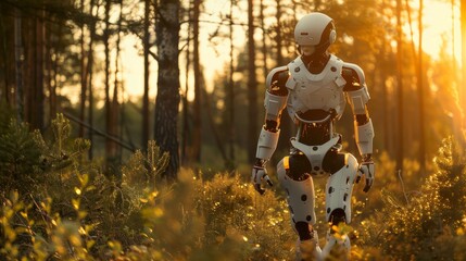 Futuristic humanoid robot roaming through high shrubs in pine forest during dusk and sunset