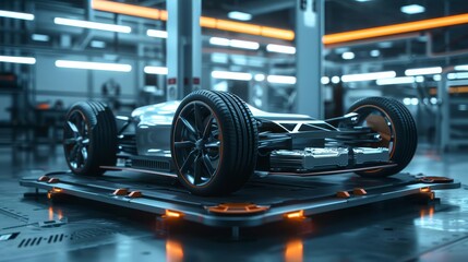 futuristic electric sports car chassis and battery packs ev factory concept