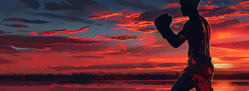 Inspirational Fitness Poster Featuring a Boxer Silhouette at Sunrise with "Commit to be Fit" Slogan