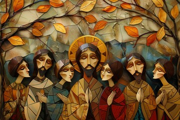 Folk Art Illustration of Jesus with the 12 Disciples


