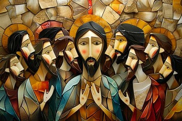 Folk Art Illustration of Jesus with the 12 Disciples

