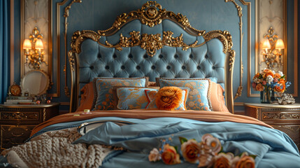A glamorous, Old Hollywood-style bedroom with a luxurious, velvety headboard and ornate, metallic...