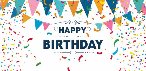 colorful "HAPPY BIRTHDAY" Banner with Stars and Confetti on White Background, Featuring Copy Space for Customization. Ideal for Cake Toppers and Celebratory Designs.
