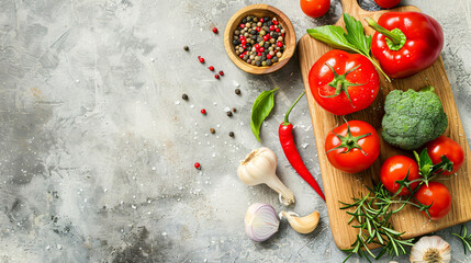 Cutting board with vegetables on light background