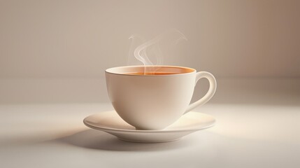 Obraz premium A white coffee cup with steam rising from it sits on a white saucer
