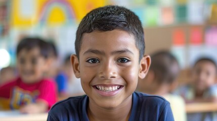 Boy Student at School Smiling. Education Concept with Happy Hispanic Pupil in Classroom