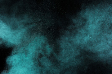 Grunge green texture. Aquamarine smoke cloud on black background. Light blue textured on dark sky. Space backdrop. Explosion overlay pattern.	
