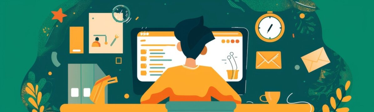 Illustration of a man sitting at a desk with a laptop