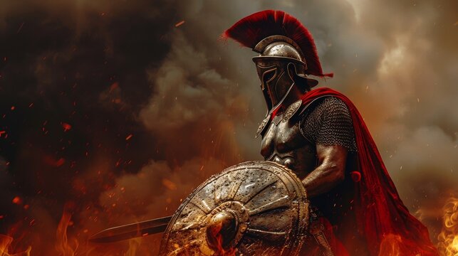 Ancient Greek warrior in armor with helmet and red cape holding sword and shield in a battle scene