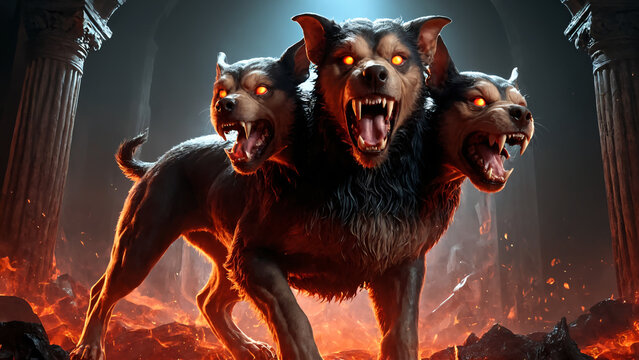 Cerberus, the three-headed guardian of the entrance to the underworld in Greek mythology. 