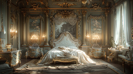 A luxurious, Rococo-era bedroom with a grand, curved headboard and lavish, gilded accents