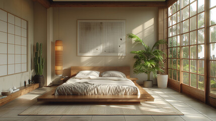 A minimalist 1960s-style bedroom with a low-profile bed and sleek, modernist furniture