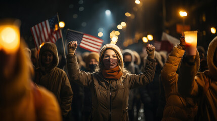 Obraz premium Group of American Activists Protesting at Night with Raised Fists and American Flags