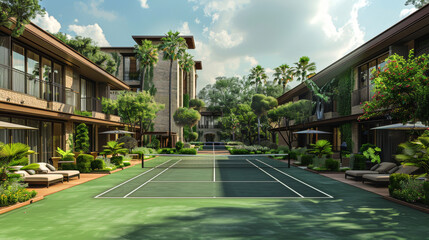 Fototapeta premium exclusive tennis facilities, elegant seating areas surround a luxury club tennis court with a pristine green surface and lush landscaping for a sophisticated experience