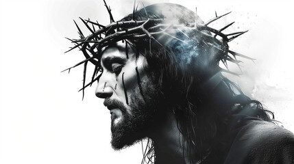 Jesus christ with thorn crown, black and white, watercolor
