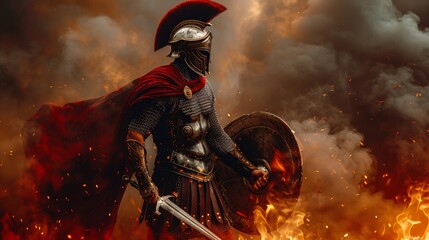 Ancient Greek warrior in armor with helmet and red cape holding sword and shield in a battle scene