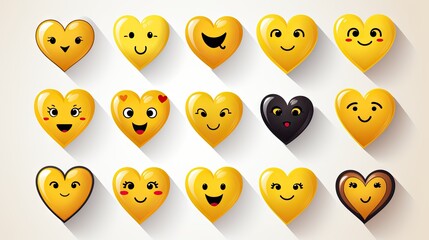 Obraz premium Set of Yellow Heart Emoticons Showing Various Facial Expressions on White Background