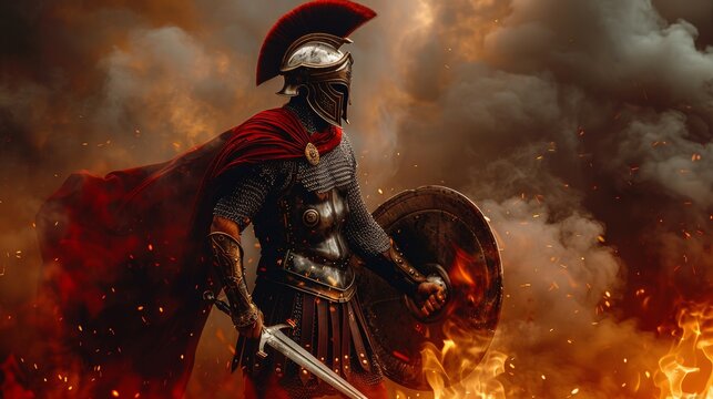 Ancient Greek warrior in armor with helmet and red cape holding sword and shield in a battle scene