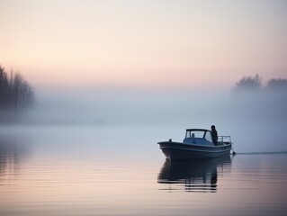 Naklejka premium Boat gliding on tranquil waters under sunset skies, framed by serene lake and gentle river currents, surrounded by nature's soothing embrace. generative AI