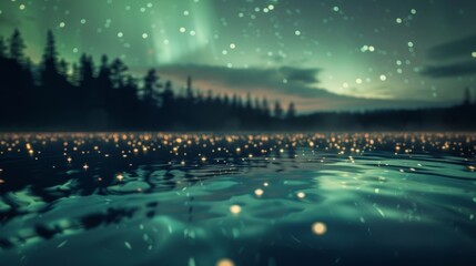 The still waters of a crystalline lake capturing the iridescent reflections of the Northern Lights above.