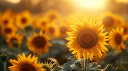 Fototapeta premium A field of sunflowers bathed in the warm glow of the setting sun
