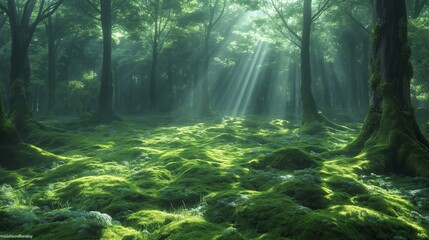 A lush, moss-covered forest floor bathed in dappled sunlight