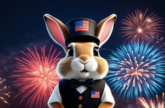 Illustration cartoon character rabbit in black tall hat with emblem of American flag, in vest and bow tie on background of fireworks in night sky, Independence Day, July 4th holiday, rabbit day