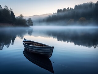 Lakeside Serenity: Morning mist veils tranquil waters, with boats gently bobbing under a serene sunrise, framed by misty mountains and reflected clouds. generative AI