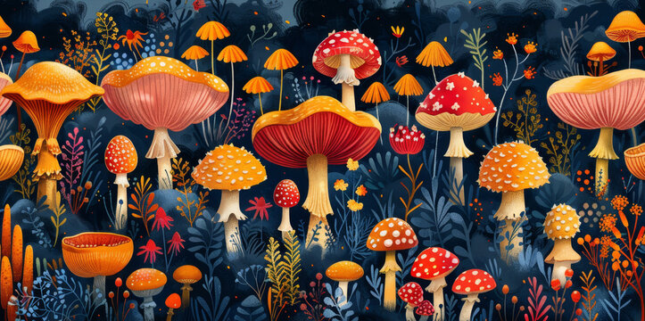 whimsical mushroom pattern, colorful mushroom pattern perfect for adding a playful touch to fabric or wallpaper designs, creating a whimsical style
