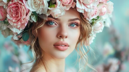 Naklejka premium glamorous woman with floral wreath hairstyle spring bridal beauty portrait