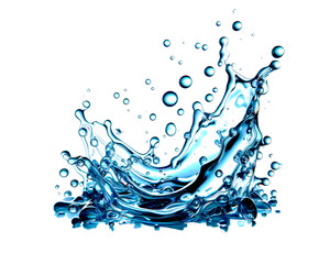Water crown splashes and wave swirl with drops. Vector transparent blue liquid splashing fluids...