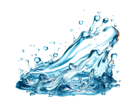Water crown splashes and wave swirl with drops. Vector transparent blue liquid splashing fluids with droplets, isolated realistic 3d elements, fresh drink, clear aqua falling or pour with air bubbles