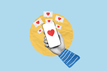 Creative art collage of Mobile phone with blank screen and red heart. Concept of send message encouraging,donate, love, valentine's day