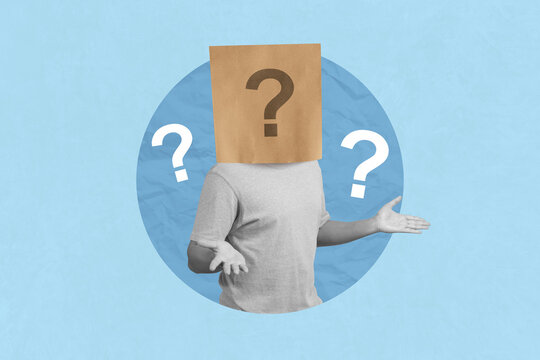 Creative art collage of question mark, choosing, business choice. A man wearing a paper bag on him head  with question mark
