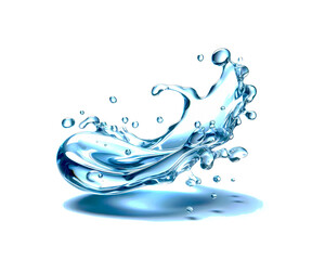 Water crown splashes and wave swirl with drops. Vector transparent blue liquid splashing fluids...