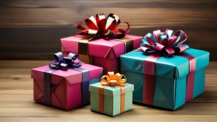 Obraz premium Colorful packaging gift boxes on the wooden wall background