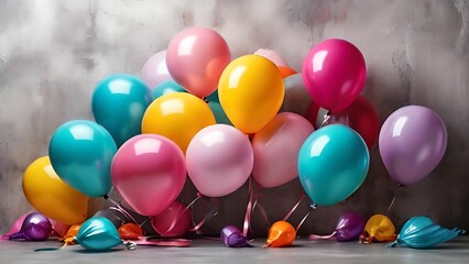 Colorful balloons on the gray wall background