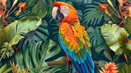 Vibrant Tropical Jungle Background with Seamless Parrot Pattern
