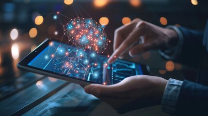 AI, data science, digital technology concept. Computer programmer using digital tablet with AI machine learning, data management system, cloud computing technology, software development 