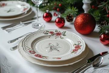 Christmas Food Background. Festive Table Setting with White Plate and Red Cutlery - Powered by Adobe