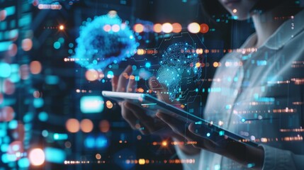 Obraz premium AI, data science, digital technology concept. Computer programmer using digital tablet with AI machine learning, data management system, cloud computing technology, software development 