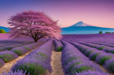 Fototapeta premium A fantastic landscape with a lavender field, trees, mountains and sakura.