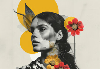 artistic collage of female portrait with floral elements