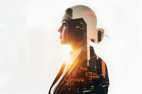 Business women and office buildings, double exposure. Concept of career growth and personal development