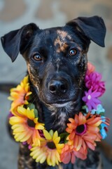 Adorable Dog with Colorful Floral Lei Portrait