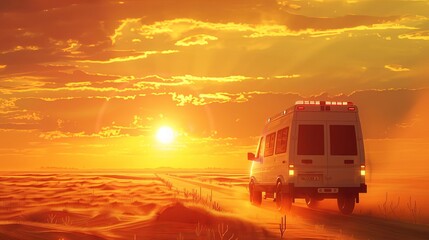 Obraz premium heroic ambulance races towards golden sunrise bringing hope and help ai generated digital illustration