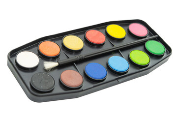 Watercolor pallet with brush isolated on white background.