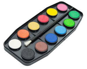 Watercolor pallet with brush isolated on white background.