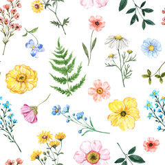 Cute floral seamless pattern. Watercolor botanical repeat print, blooming summer meadow illustration on a white background.